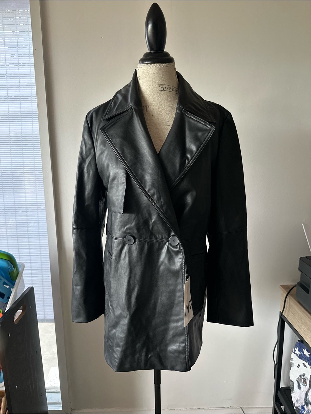 NWT Zara Black Leather Double-Breasted Women's Coat